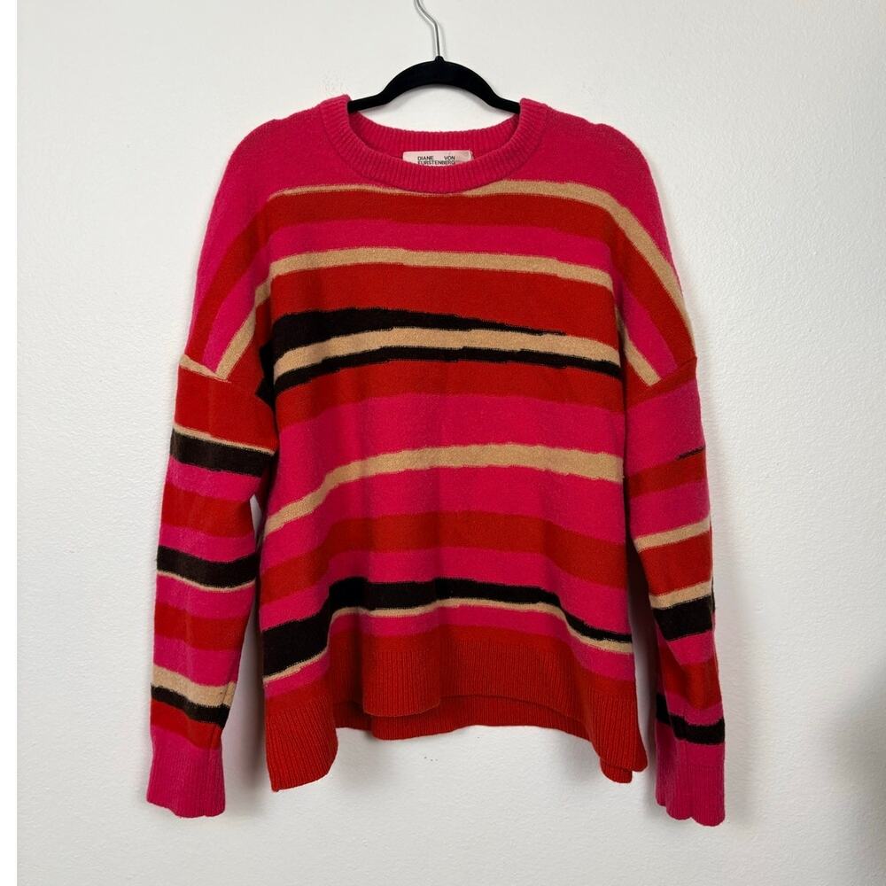 Diane Von Fursentberg Dune Striped Knit Oversized Wool Blend Cozy Sweater XL